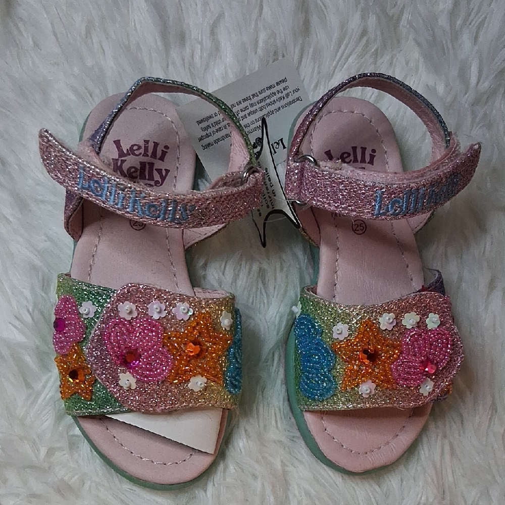 Lelli Kelly Glittery Floral Kids Sandals - Pink and Multicolor Size 25 New